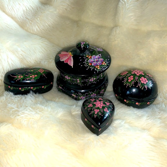 Vtg 70's hand painted black lacquered WOOD trinket box coaster set LOT - Picture 2 of 12